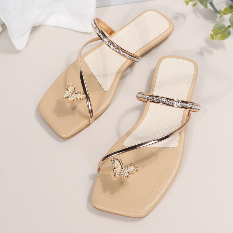 

Модные женские уличные пляжные сандалии 2025 Ретро женская обувь Шлепанцы Женские модные тапочки Повседневные Однотонные Кристальные Римские плоские сандалии 35 золотой