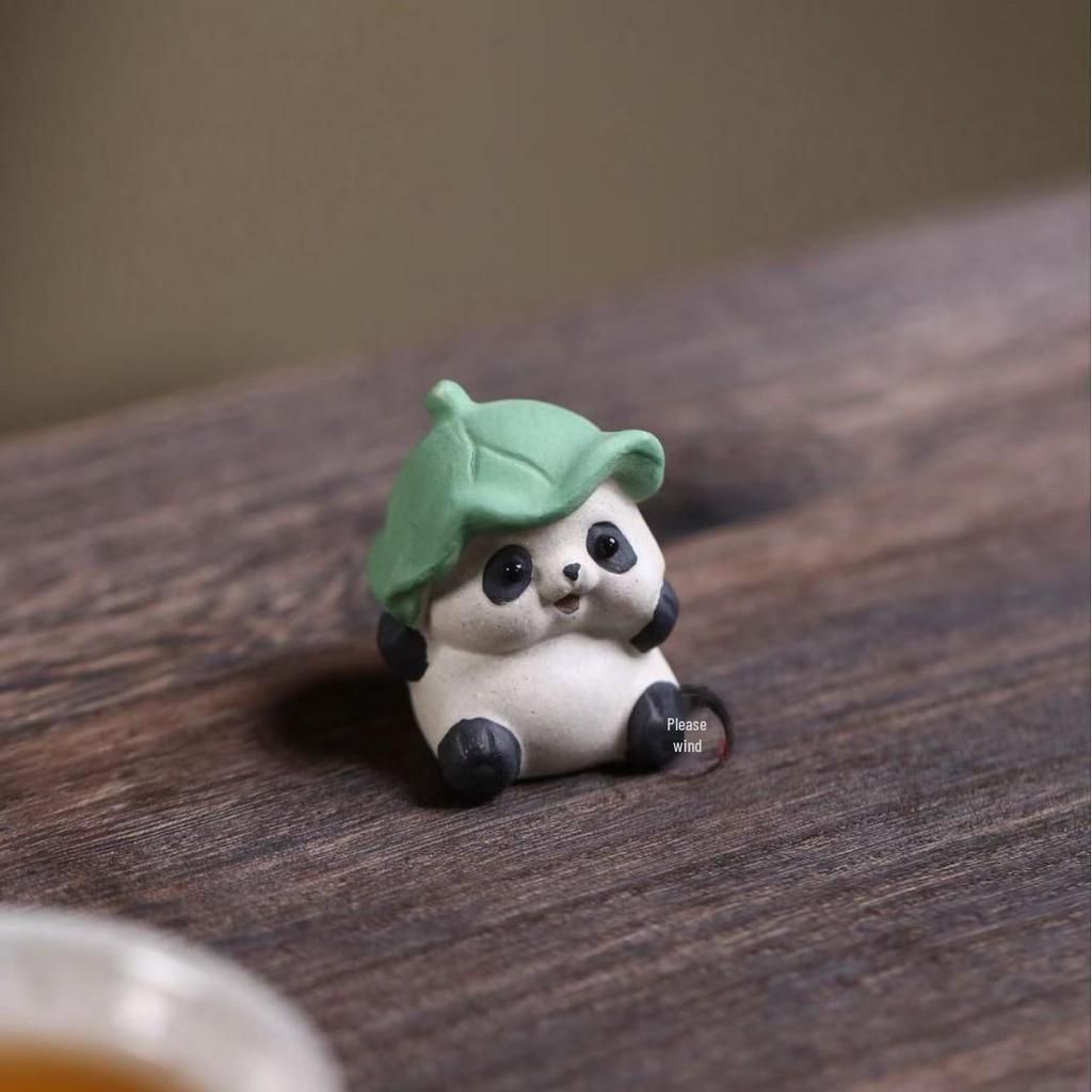 Yixing Zisha Lotus Leaf Panda Tea Pet Ornament for Tea Table Decor, Handmade and Adorable