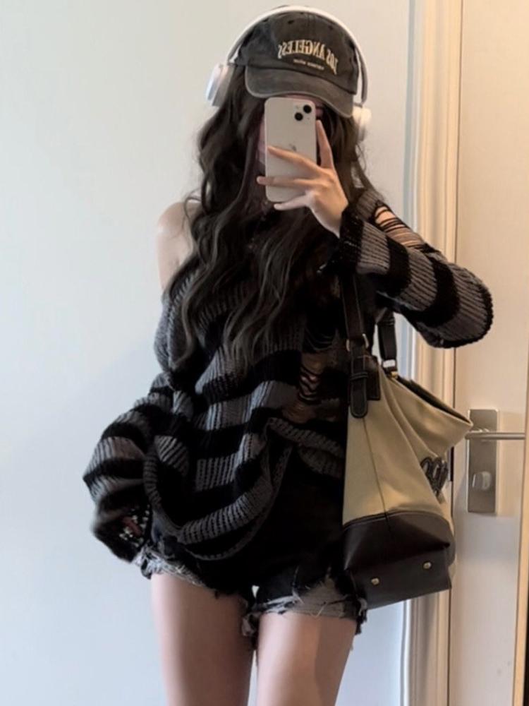 Gothic Streetwear Striped Knitted Sweater Women Harajuku Punk Hollow Out Jumper Hole Loose All-match Tops Grunge E-girl