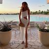 Sexy Beach Midi Dress Bodycon Women Hollow Out Green Summer Dress White Sleeveless Backless Side Slit Dresses Casual Party 21386
