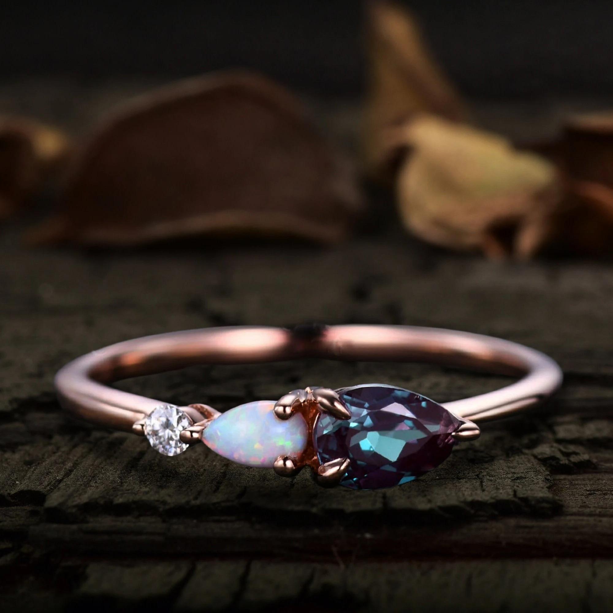 

Винтажное кольцо с александритом и опалом огранки «груша»: Свадебное кольцо в стиле ар-деко с кубическим цирконием: Кольцо из стерлингового серебра 925 пробы с покрытием из розового золота K