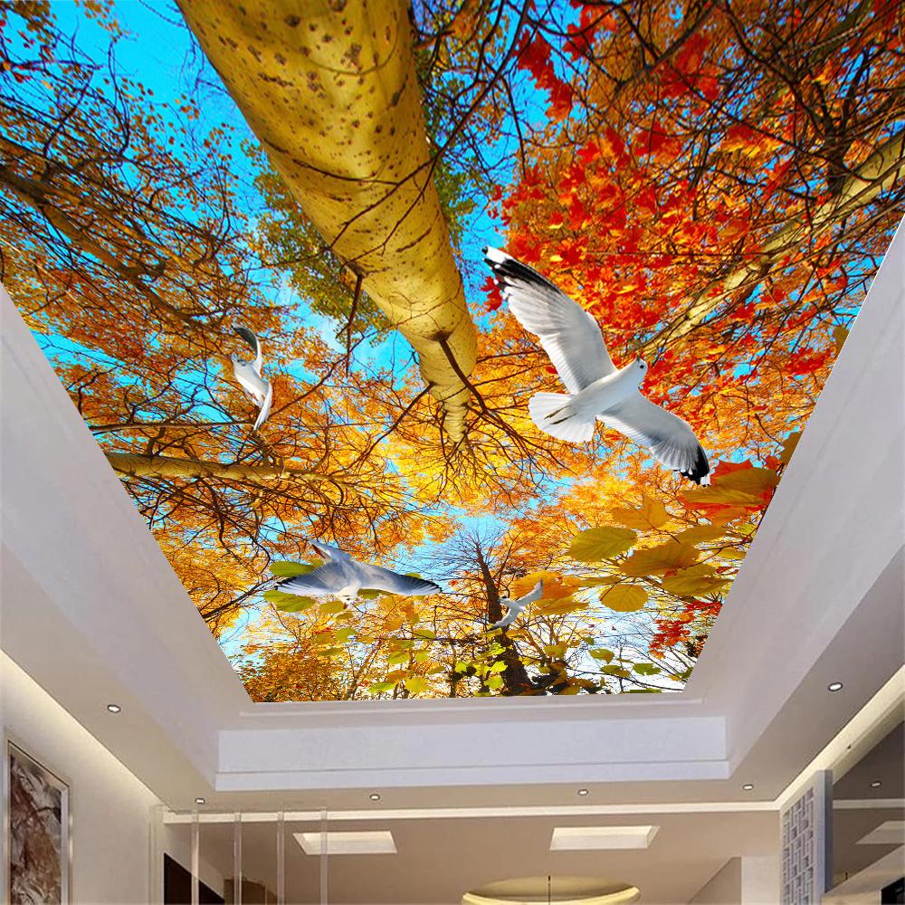 Tapet 3d pentru tavan, frunze de toamnă, porumbei albi, peisaj natural, picturi murale pentru tavan pentru sufragerie dormitor decor acasă