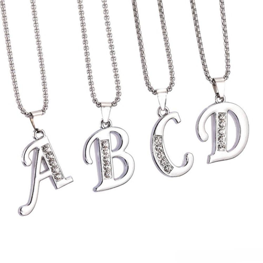 Collana con Ciondolo Lettere Inglesi 26 Colore Argento alla Moda Micro-intarsiata Zircone per Uomo Donna Amici Coppia Gioielli in Acciaio Inossidabile