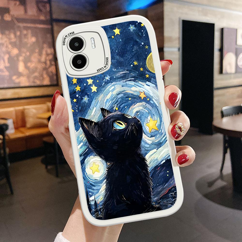 The Starry Night Black Cat PU Leather Phone Case for iPhone 15 14 13 12 Pro Max Samsung Galaxy S23 Ultra S20 FE A52 Redmi Xiaomi POCO Soft Cover