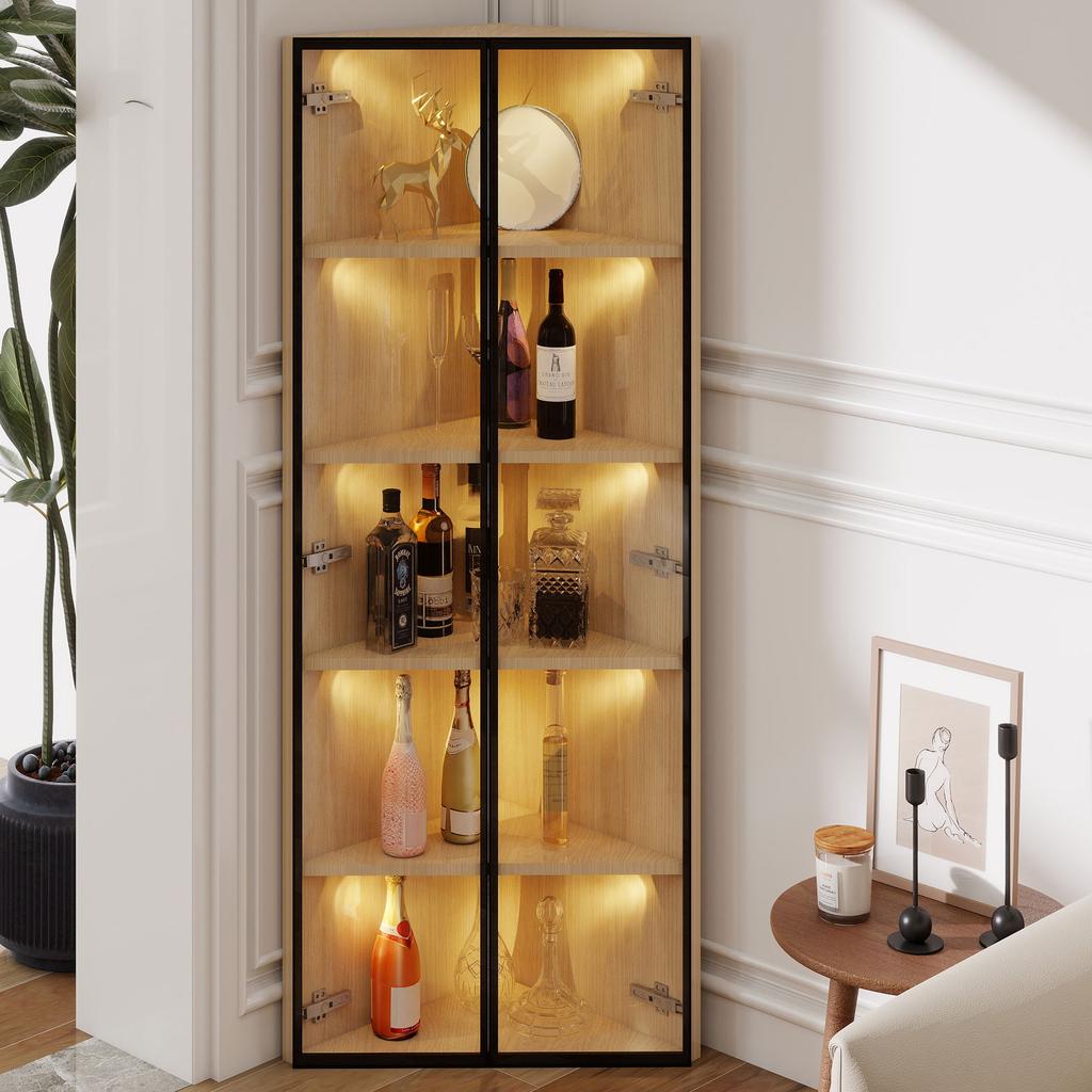 LED glass cabinet 62x35x160cm – oak exterior, light strip, dust-proof, tempered glass, corner cabinet with door – bookshelf, wine cabinet