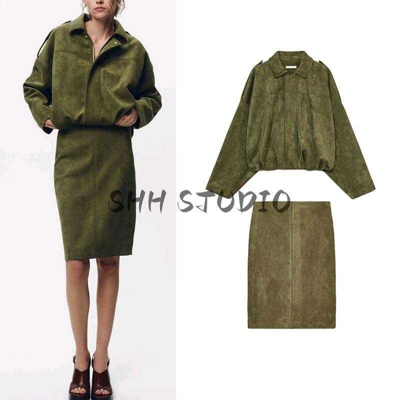 Spring New Suede Texture Mid Waist Midi Dress 4344156 Pilot Jacket Outwear 4344155