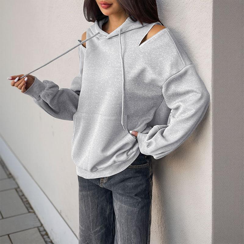 Women's New Long-sleeved Drawstring Hooded Pullover Sweatshirt for Women's Solid Color High-end Gray Slip-shoulder Pocket Sweatshirt