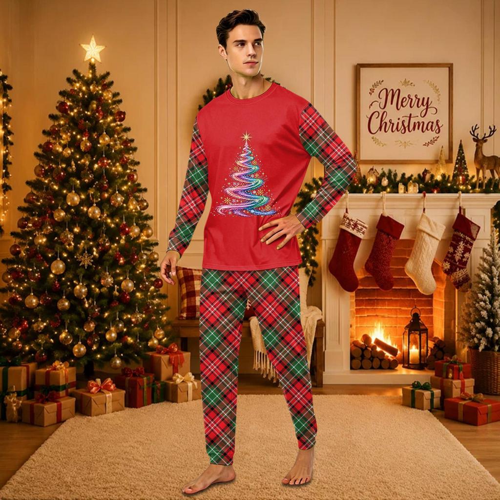 Christmas-print long-sleeve and long-pant matching family loungewear set