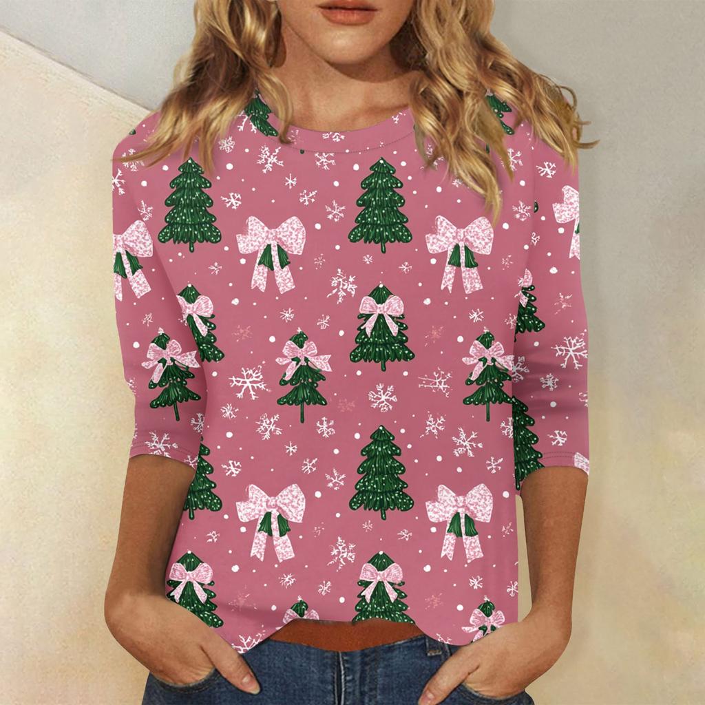 3/4 Sleeve Shirts For Women Print Christmas Tees Blouses Casual Plus Size Basic Tops Pullover