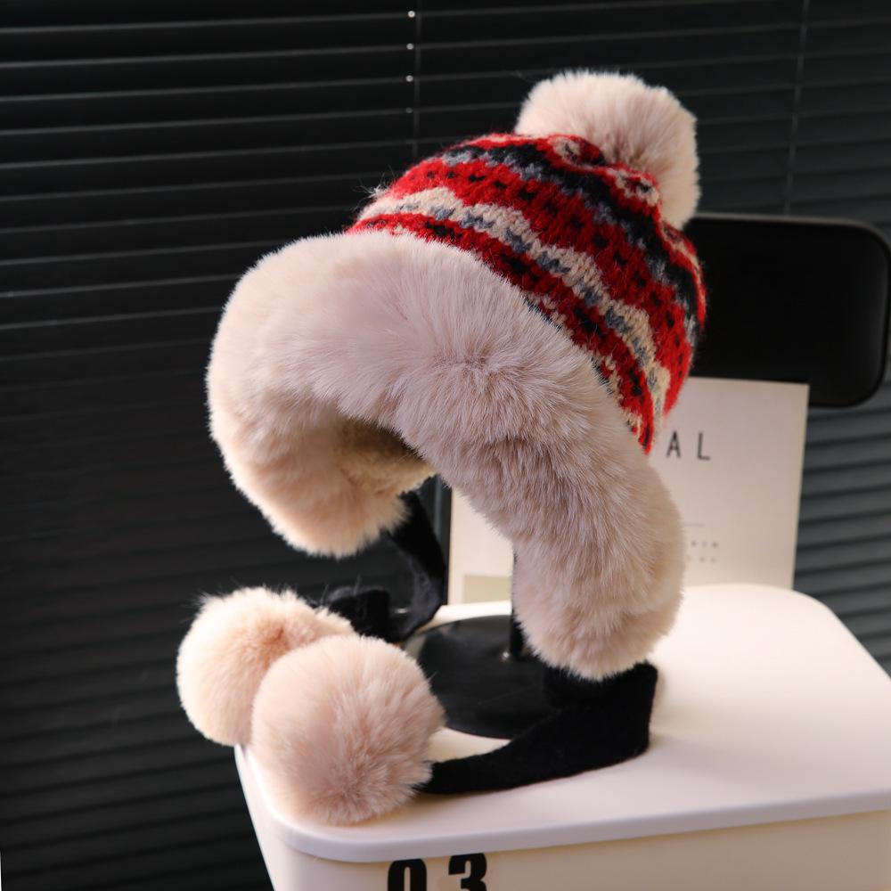 Fair Island contrasting color knitted wool hat women's season versatile big head circumference showing face small ear protection warm pullover hat