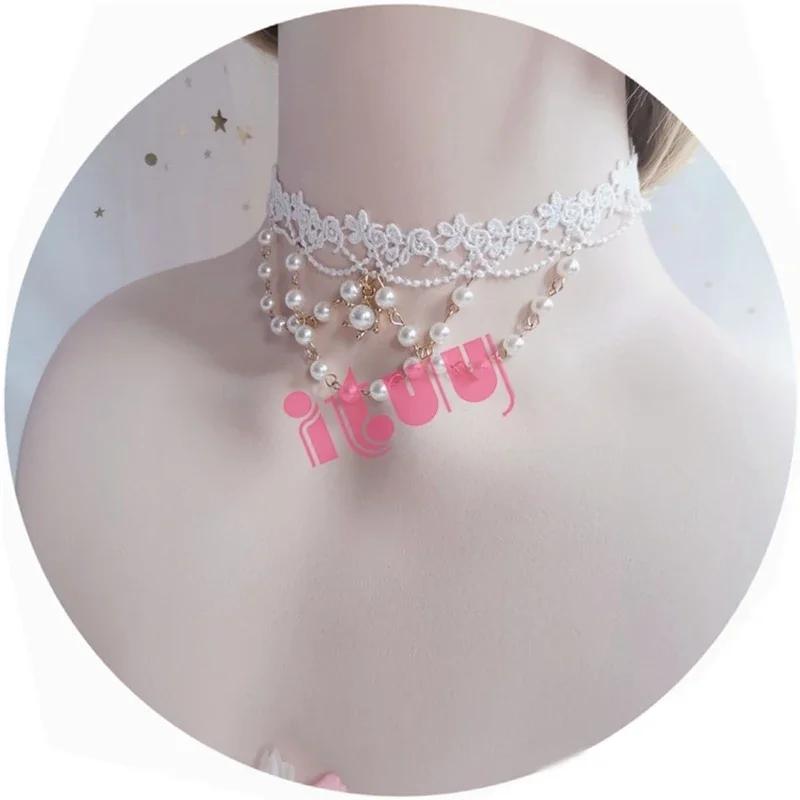 Gorgeous Vintage Rococo Style Wedding Lolita Princess Multilayer Pearl Lace Gem Necklace Collarbone Chain