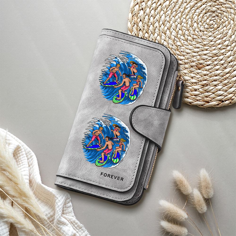 Leisure Surfing Printed Purse Fashion Faux Leather Long Wallet Portable Card Holder for Daily Use