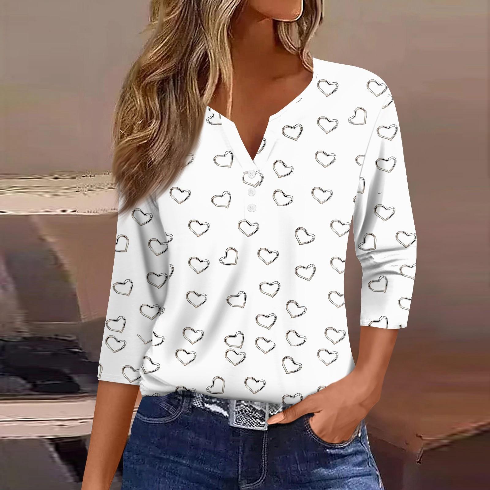 

Женская футболка с принтом ко Дню святого Валентина, на пуговицах, рукав 3/4, туника, повседневная мода на выходные, базовый топ с V-образным вырезом XL белый