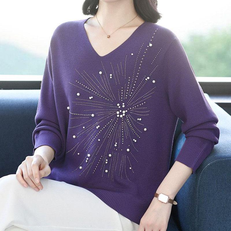 Autumn and Winter Women's V-Neck Sweater Solid Color Loose Beaded Sweater Plus Size Knitted Pullover Top