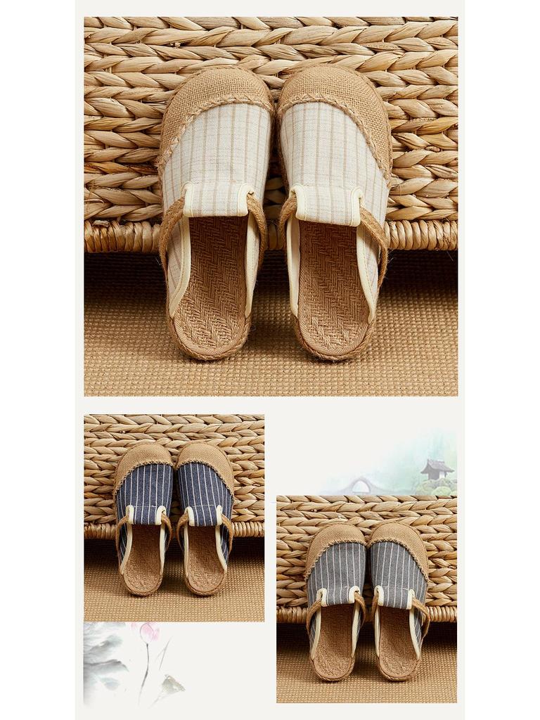 Women’s Ethnic Style Striped Cotton-Linen Slippers for Indoor/Outdoor Use