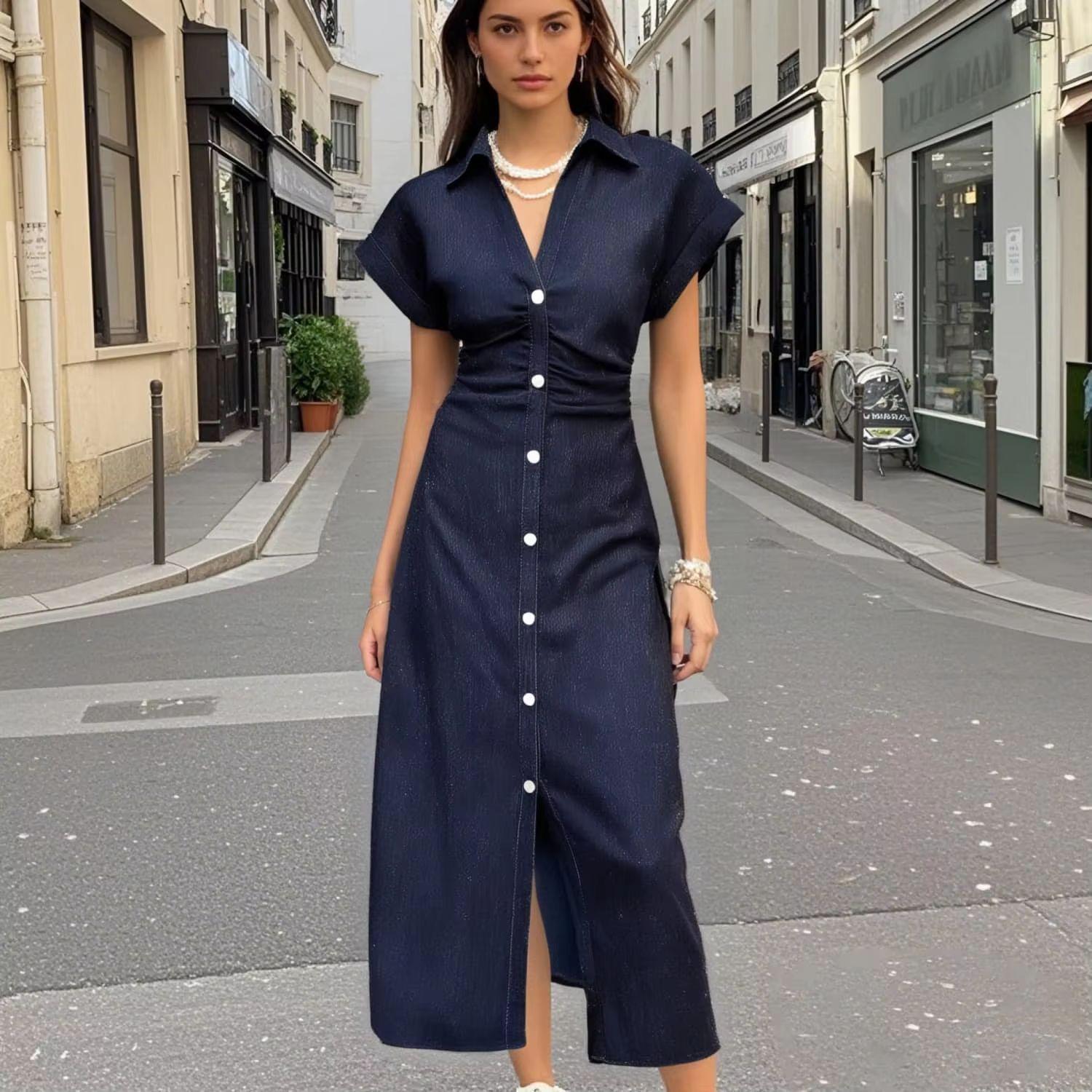 

2025 Spring/Summer Women s Slim Fit Single-Breasted Denim Dress with Lapel S