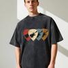 European Size Men'S Vintage-Inspired Water-Washed T-Shirt with Guitar Pick Print | Casual Black Tee for Adults, Loose Fit, Crew Neck