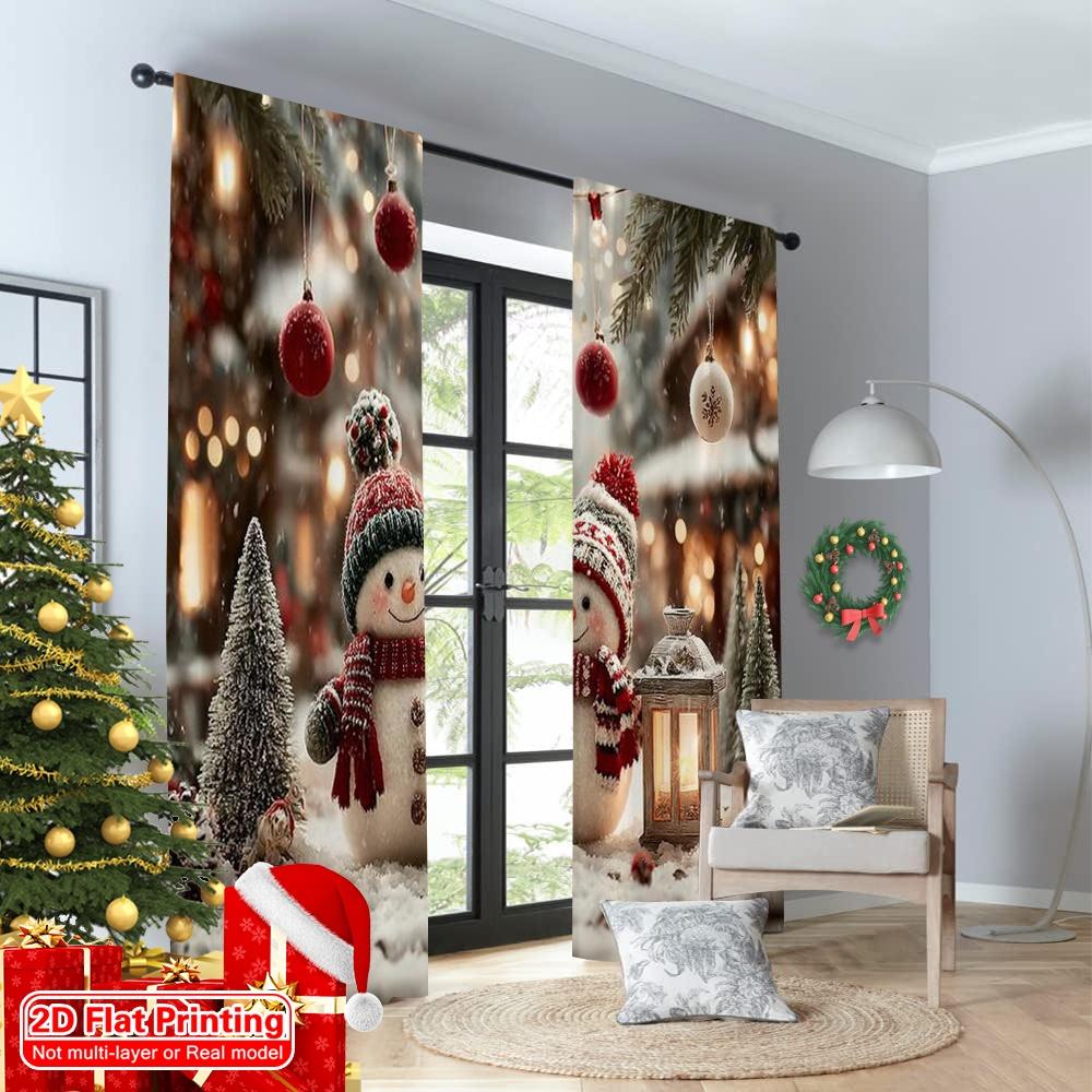 2pcs 2D Flat Printing Merry Christmas Curtains Snowman Winter Versatile 100% Polyester Without Electricity Spring Perfect for