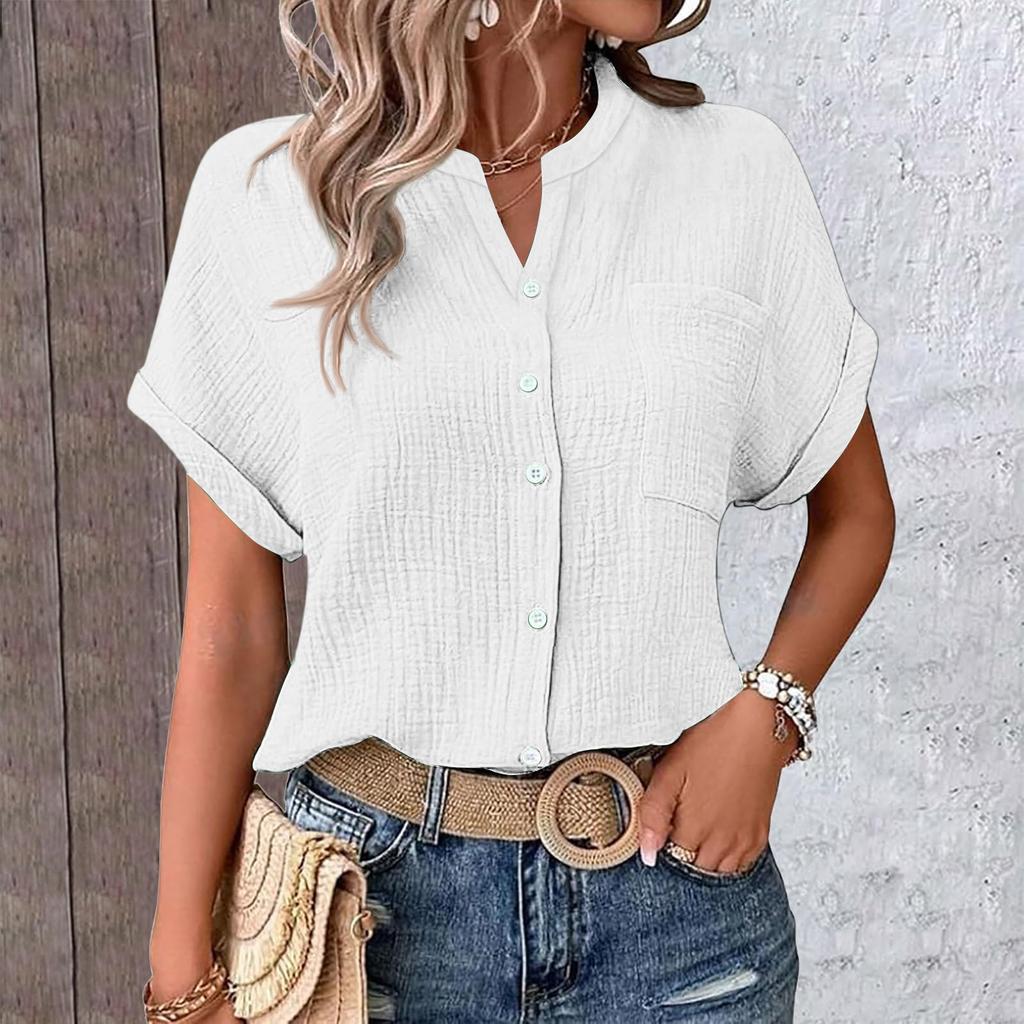 Women's Color Shirt Casual Short Sleeved Button Up Shirt For Women