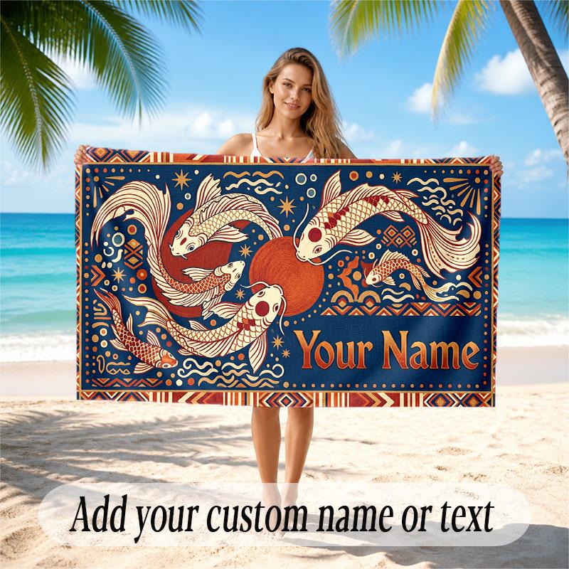 Koi Fish Theme Beach Towel Personalized Custom Name & Text Soft Quick Dry Beach Towel for Swimming Travel