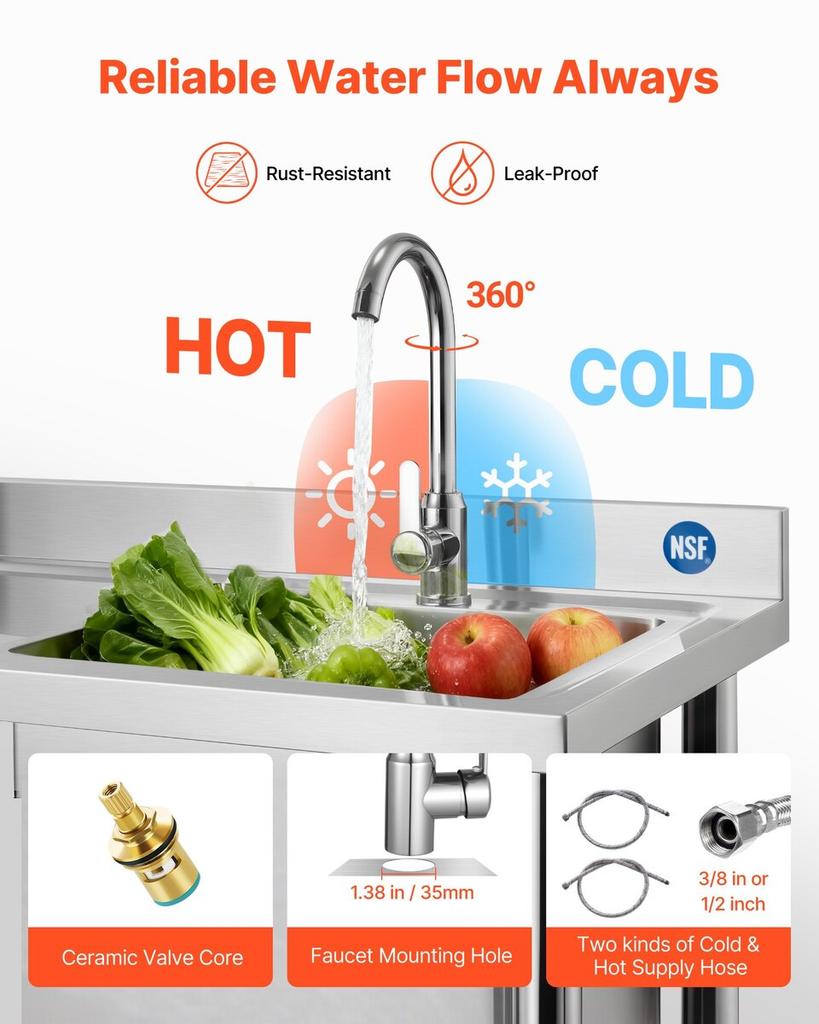 Stainless Steel Utility Sink, Free Standing Single Bowl Commercial Kitchen Sink with Drawer, Faucet and Hot & Cold Water Pipe, Utility Basin for