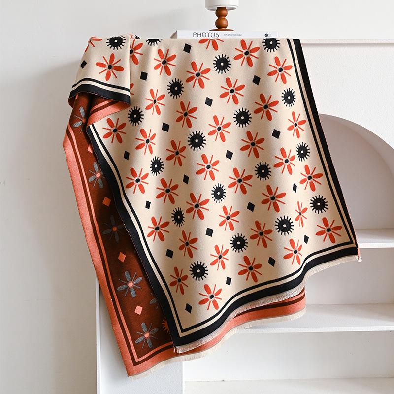 Korean Double-sided Women's Imitation Cashmere Thermal Scarf Fashionable Versatile Pattern Simple Air Conditioner Shawl Scarf