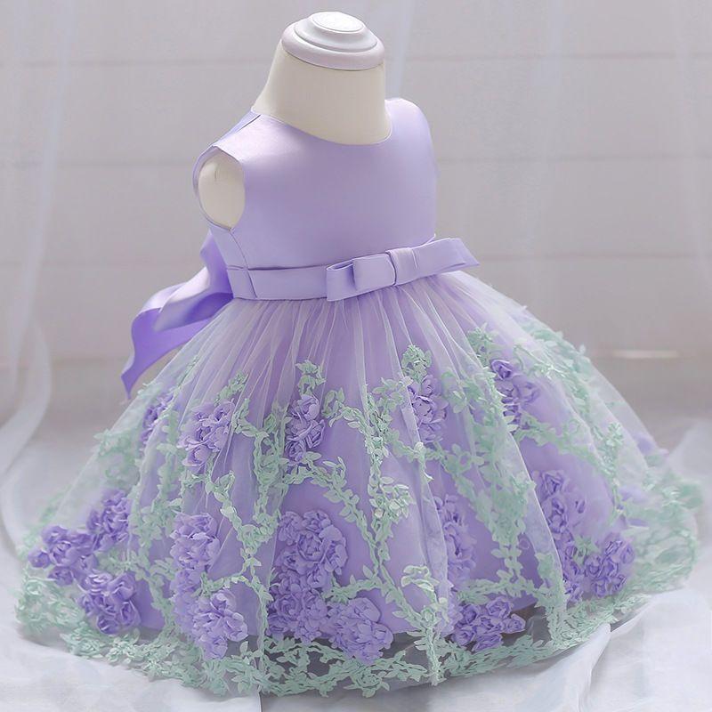 Summer Girls' Children's Dress Children's Wedding Dress Baby's First Birthday Dress Applique Mesh Puffy Skirt