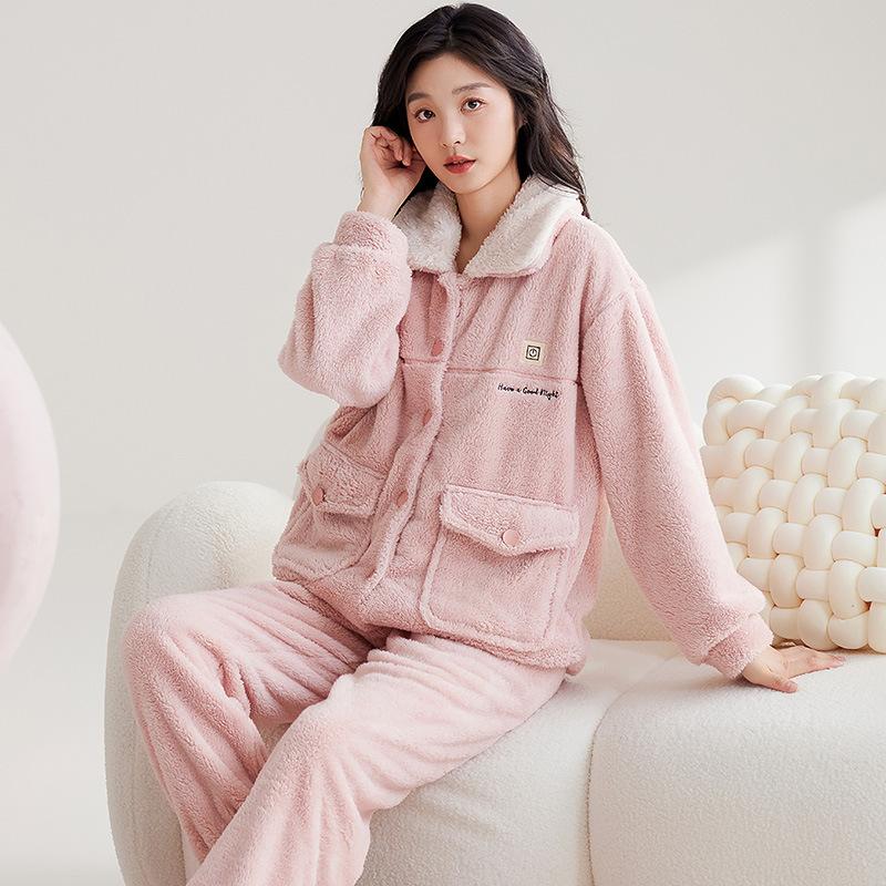 Can Be Worn Outside Coral Velvet Pajamas Women's Winter Two-piece Set Thickened Fleece Flannel Loose Large Size Warm Loungewear