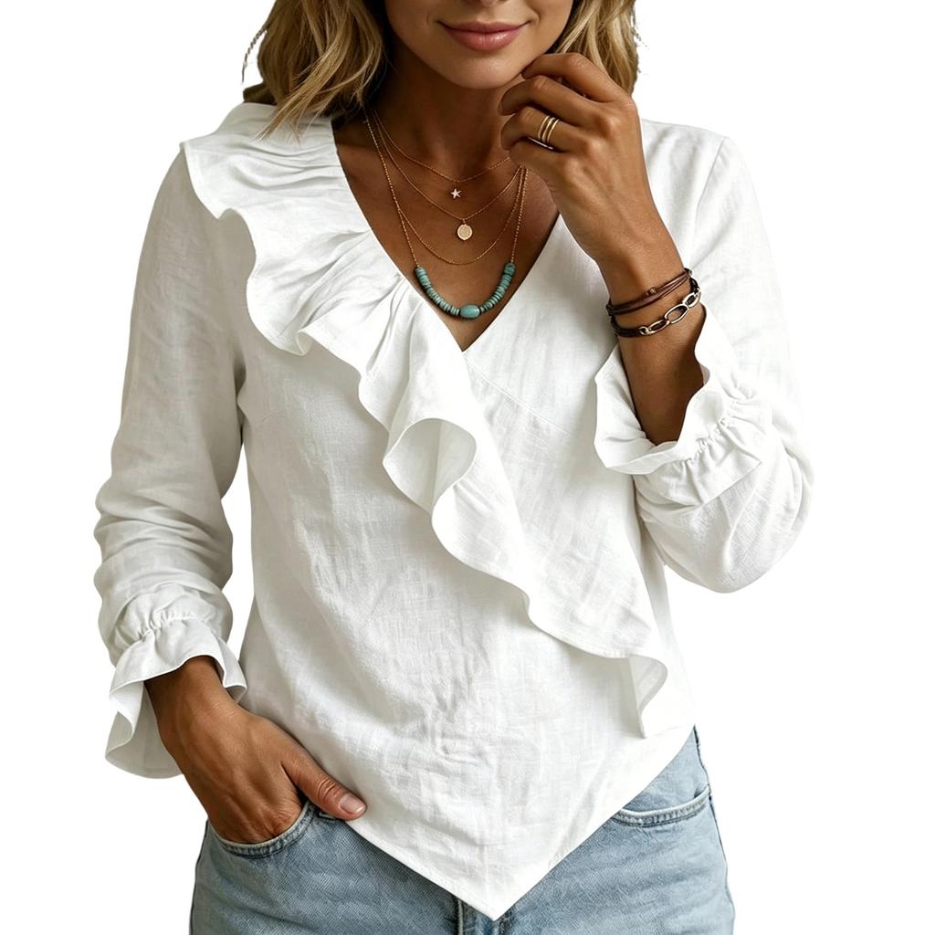 Top Primaverili da Donna Scollo a V Ruffle Manica Lunga Camicetta Camicie Estive da Donna Casual Leggere Camicie Estive da Donna