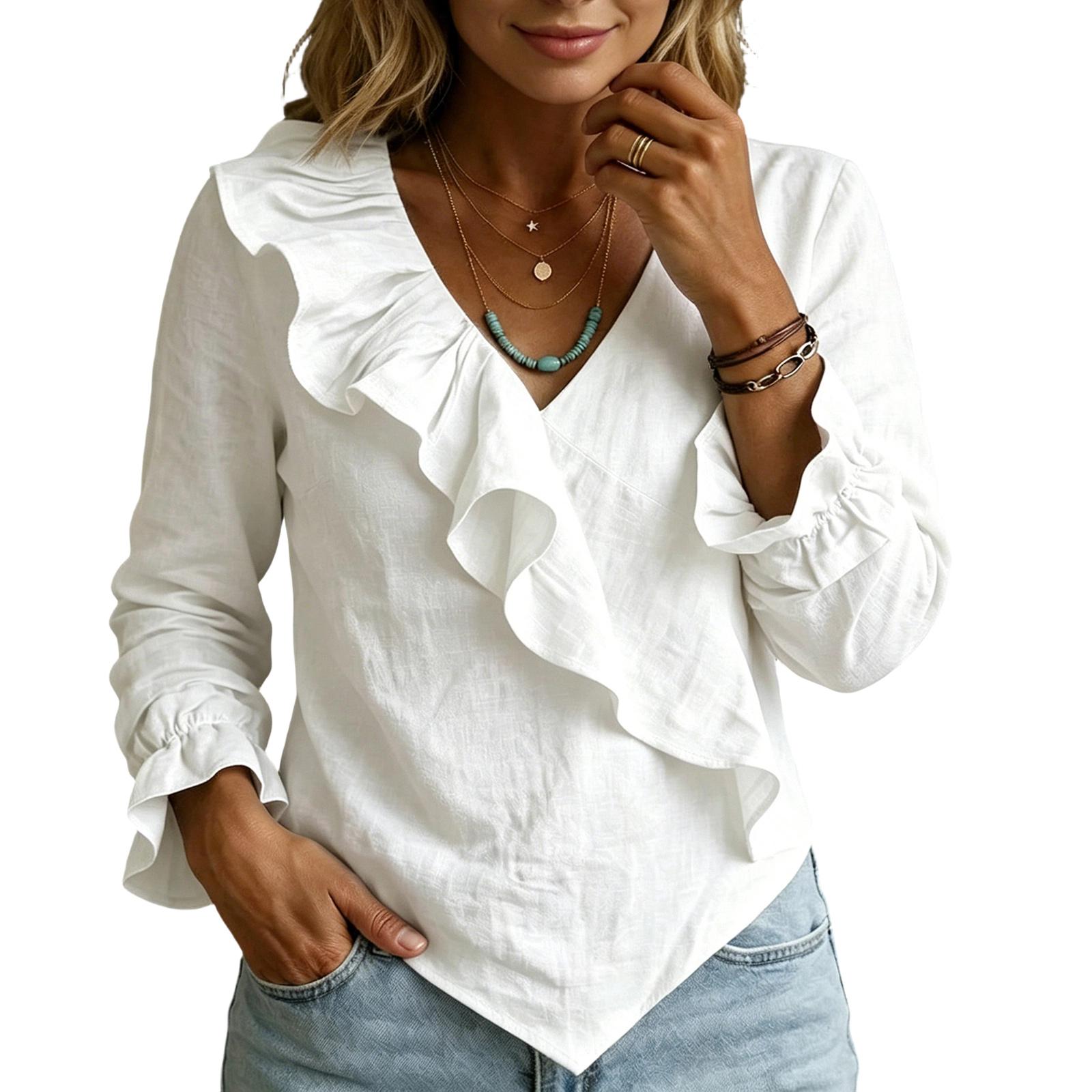 

Womens Spring Tops V Neck Ruffle Long Sleeve Blouse Summer Shirts for Women Casual Lightweight Womens Summer Shirts S белый