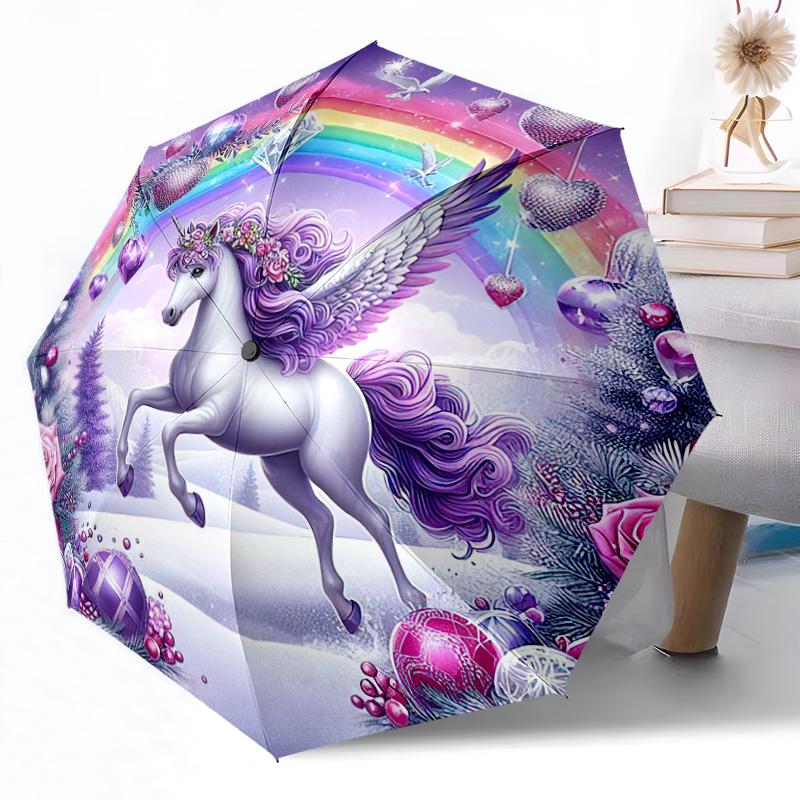 1pc Rainbow Unicorn Fantasy Automatic Umbrella with Folding Compact Durable 8 Rib Design Foldable Carry Umbrella Stylish Accessory Perfect Birthday Y6