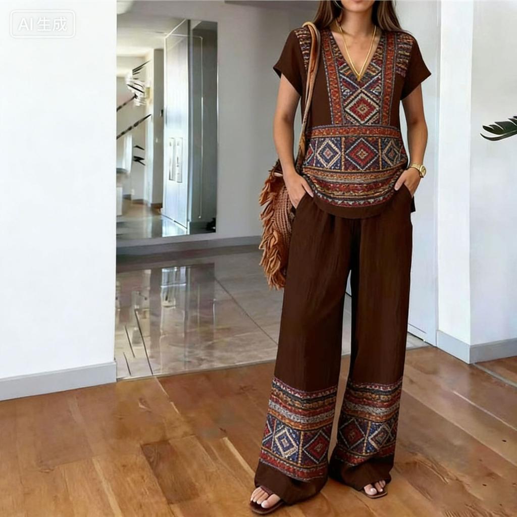 1116 New Light Luxury European and American Style Printed Two-piece Set, Printed Top, Comfortable Elastic Wide-leg Pants Women's Suit