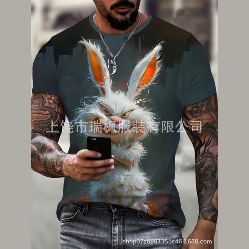 Mens Oversized Casual Sport T-Shirt With 3D Screaming Rabbit Print Round Neck Short Sleeve Breathable Pique Cotton Loose Fit