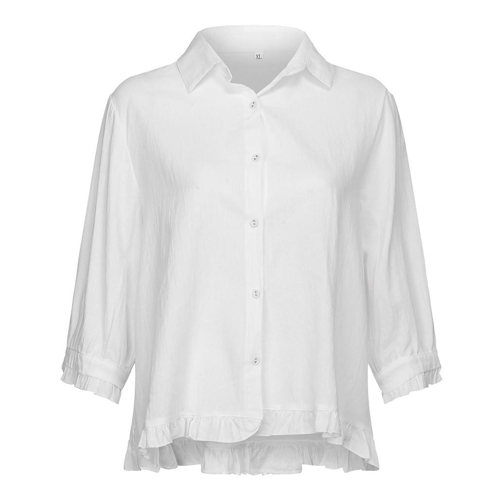 Damen Baumwolle und Leinen Spitze Einfarbig Knopfleiste Oberteil Saum Kurzarm