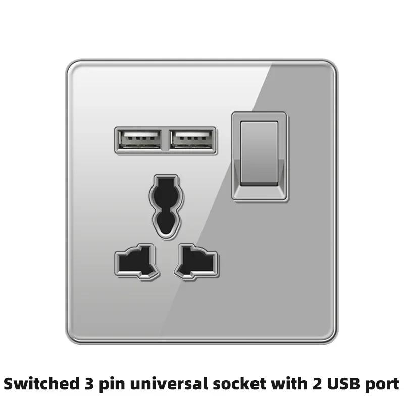 Deluxe Grey Tempered Glass Panel UK 13A Plug Electrical Socket, Double 5 Pin Socket and Switch, EU Universal USB C Wall Socket