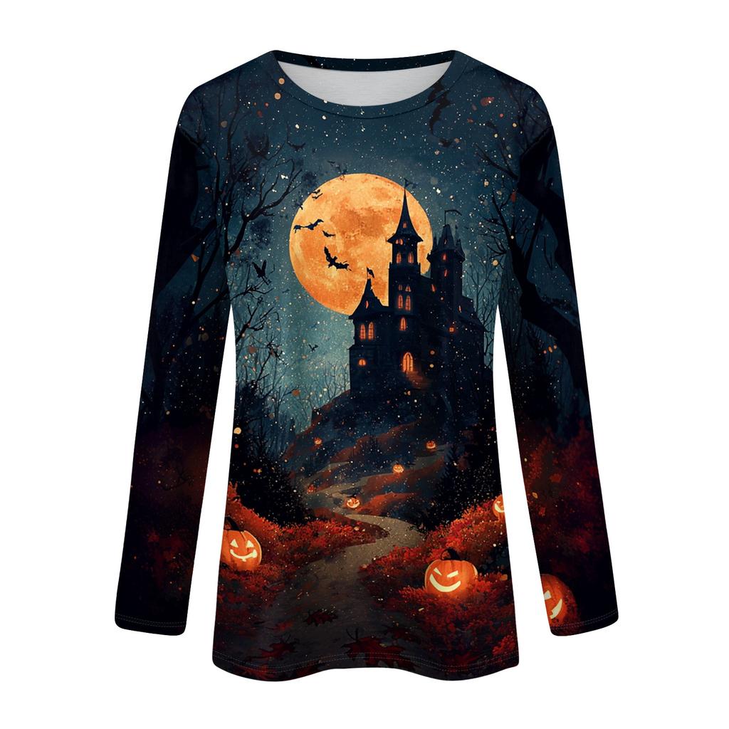 Womens Halloween Printed Crewneck Pullover Sweatshirt Long Sleeve Casual Top with Graphic Design for Seasonal Wear