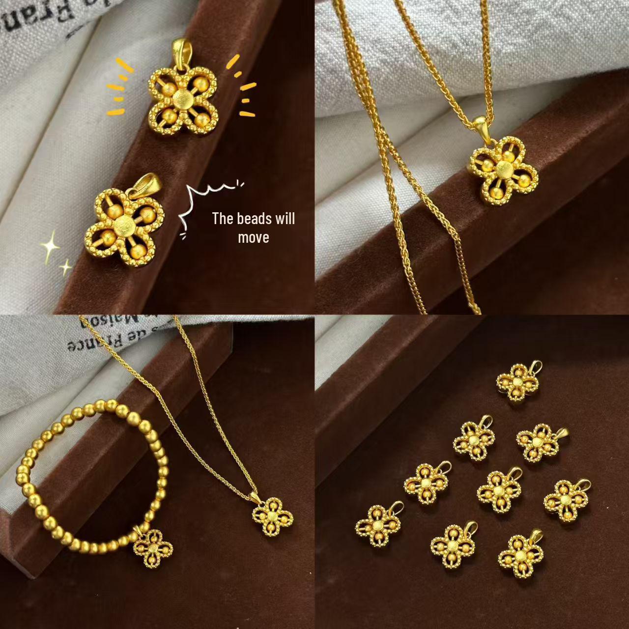 

Vietnamese Gold Rotating Four-Leaf Clover Necklace & Bracelet Set: Elegant Women s Jewelry with Bead Detail Rotating Clover Pendant (Without Chain)