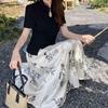 2026 Spring Chinese-Inspired Black Frog Button Top & Floral Silk Skirt Set for Women