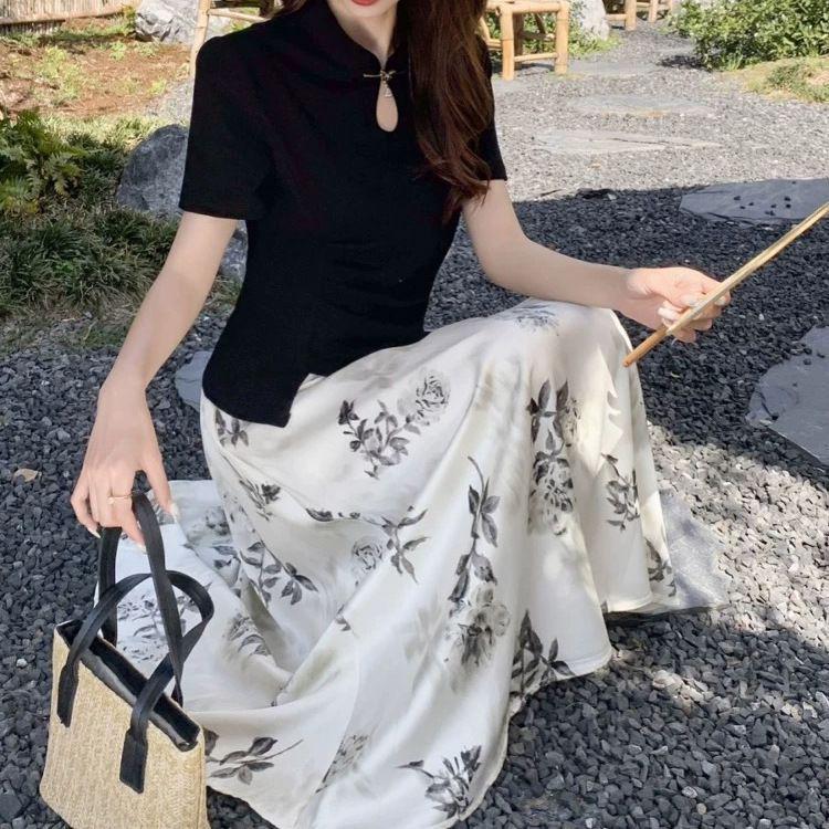 2026 Spring Chinese-Inspired Black Frog Button Top & Floral Silk Skirt Set for Women