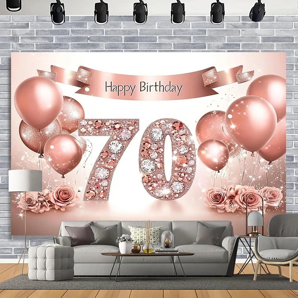 A Rose Gold 70th Birthday Banner with a Polyester Background Suitable for All Four Seasons, Home Decoration