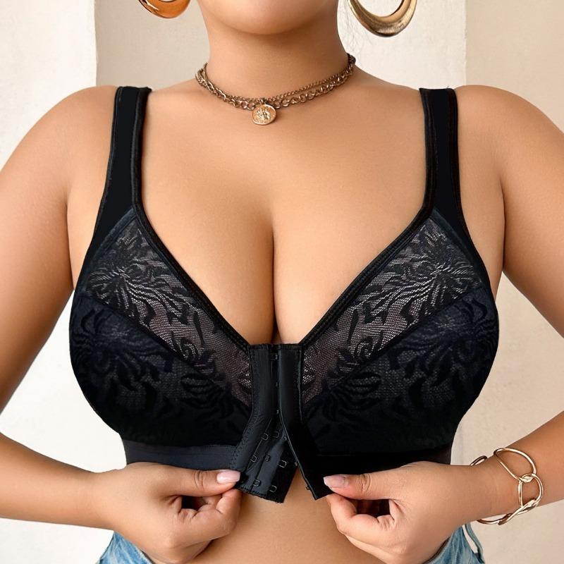 Women Plus Size Front Buckle Embroidered Bra For Large Bust Side Collecting Underwear