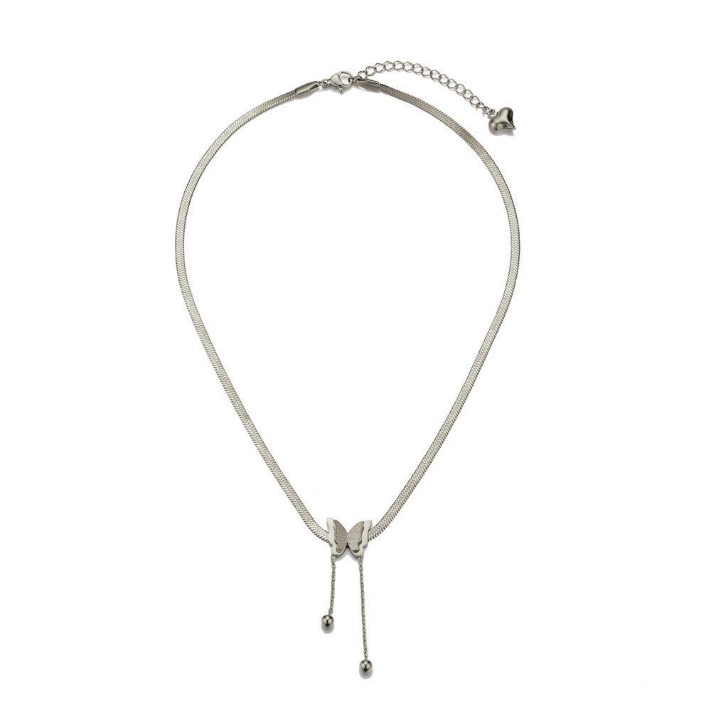 Stainless Steel Fashion Flat Snake Bkade Chain Butterfly Tassel Pendant Necklace For Women Jewelry Accessories