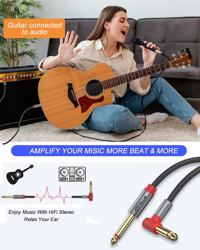 ANYPLUS mm Instrument to Elbow Guitar Line Stereo Standard Plug used for connecting 6.35 Cable, [1m] 6.35mm 6.35mm 90° Cable, pegs, tuners, guitars,