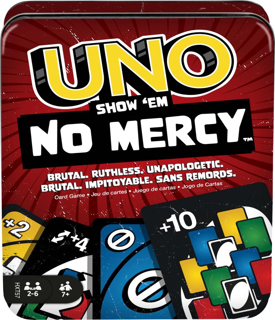 Mattel Games UNO Show ’em No Mercy Card Game – Storage & Travel Tin, Kids & Adults Family Night, Extra Cards with Special Rules