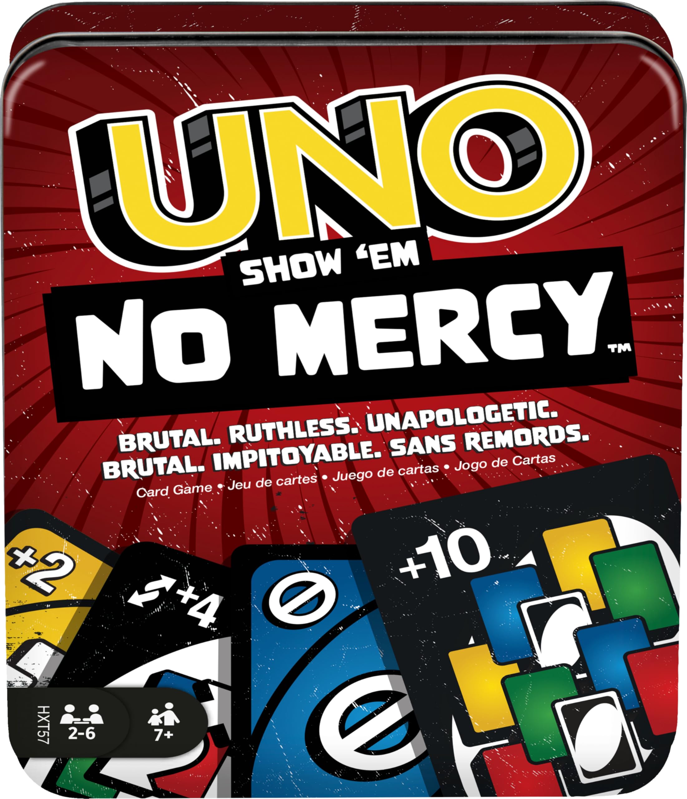 

Mattel Games UNO Show ’em No Mercy Card Game – Storage & Travel Tin, Kids & Adults Family Night, Extra Cards with Special Rules