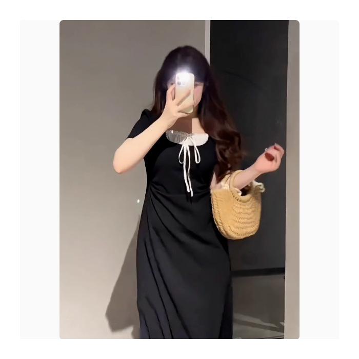 

Large size women s clothing summer new slightly fat sister mm short-sleeved skirt thin square neck strap color matching dress S чёрный