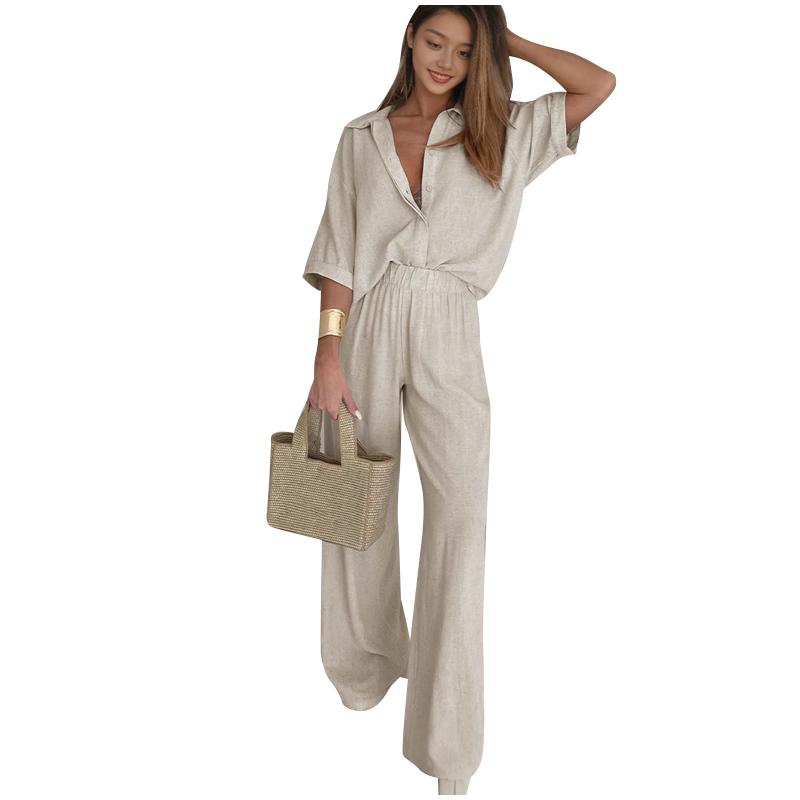 Women's Mid Sleeved Shirt and Wide Leg Pants Set with Solid Color Ruffle Decoration Women's Summer Set with Daily Casual Style Clothes