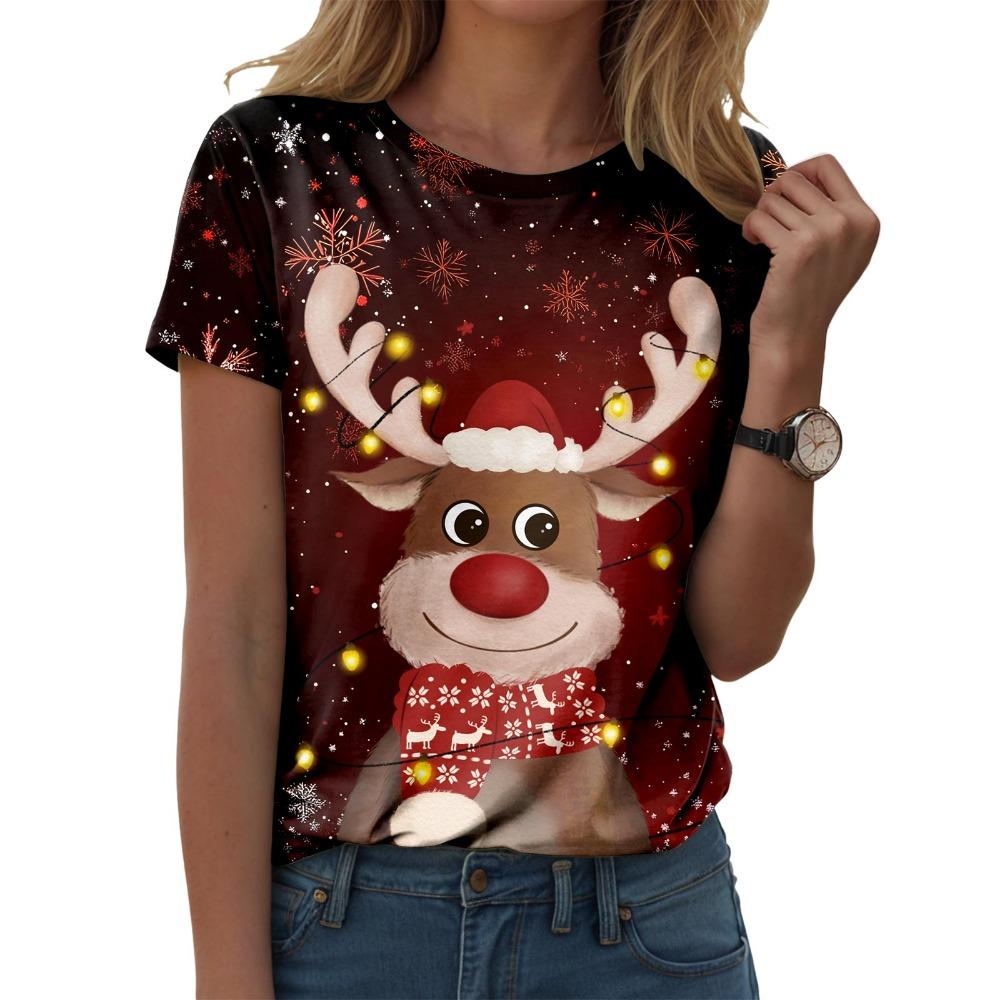 Women's Christmas Printed Casual Round Neck Short Sleeved T-shirt