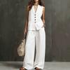 1116 Neue europäische und amerikanische Sommer-Damenbekleidung lässiger Stil Leinenanzug, geknöpft - ärmellose Weste + Wide-Leg-Hose