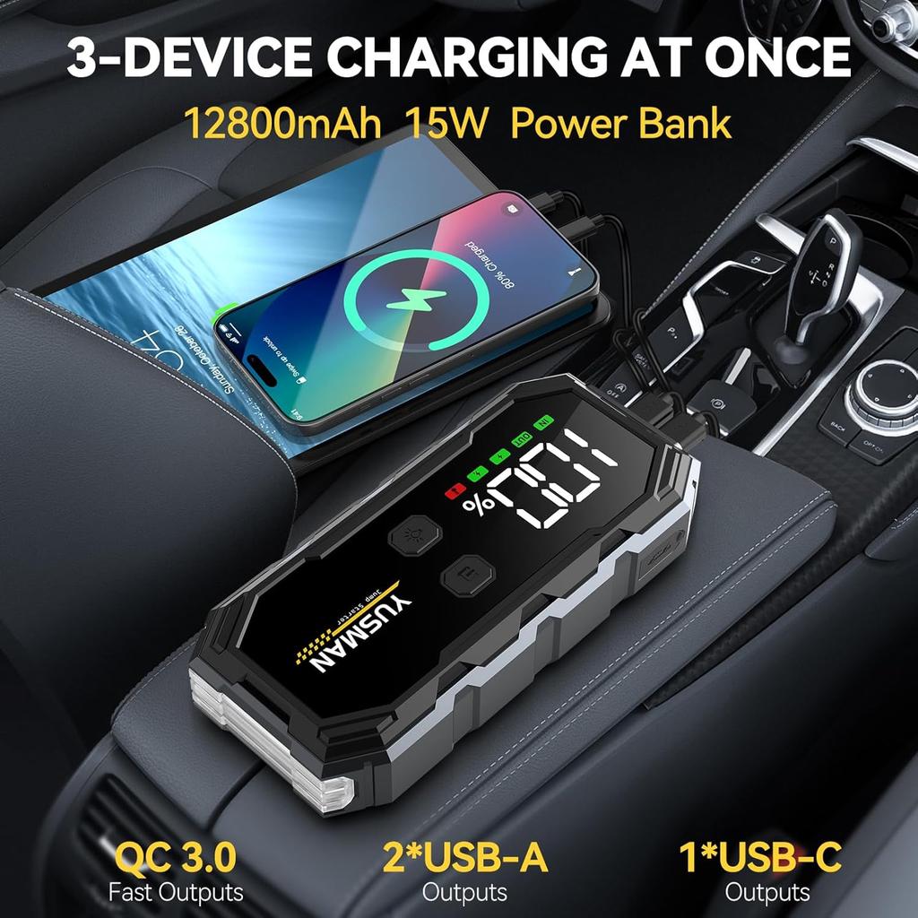 Car Jump Starter 6000A 12V with Display, Quick Charge 3.0, LED Light, Smart Cables